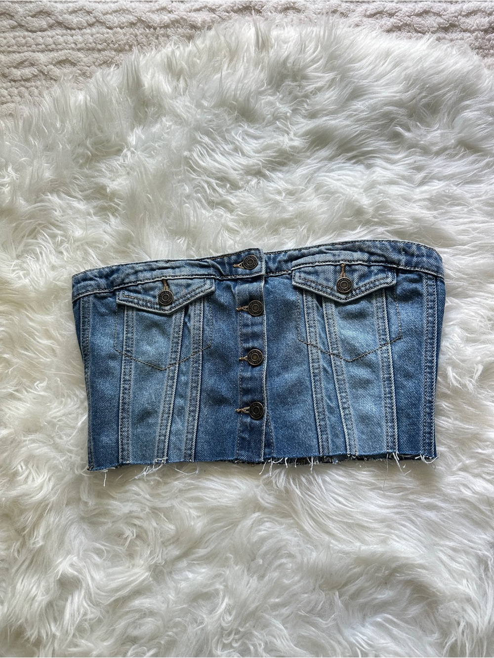 Denim Button-Front Corset Top - Light Blue